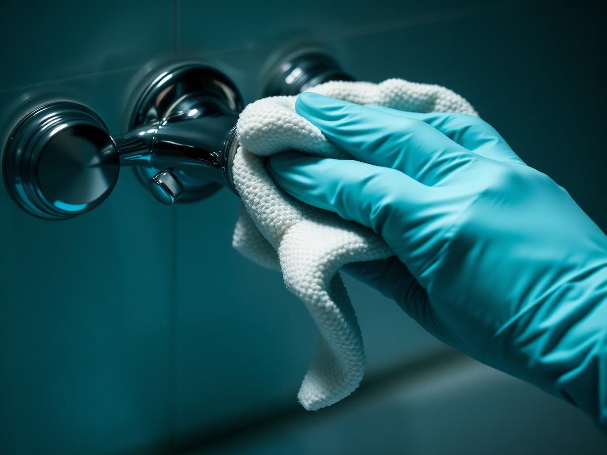 Gloved hands sanitizing chrome bathroom fixtures