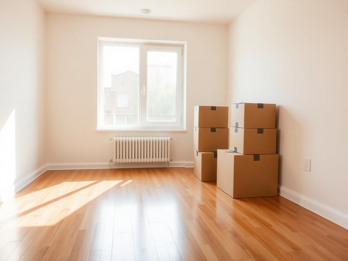 Empty freshly cleaned apartment with moving boxes by the window